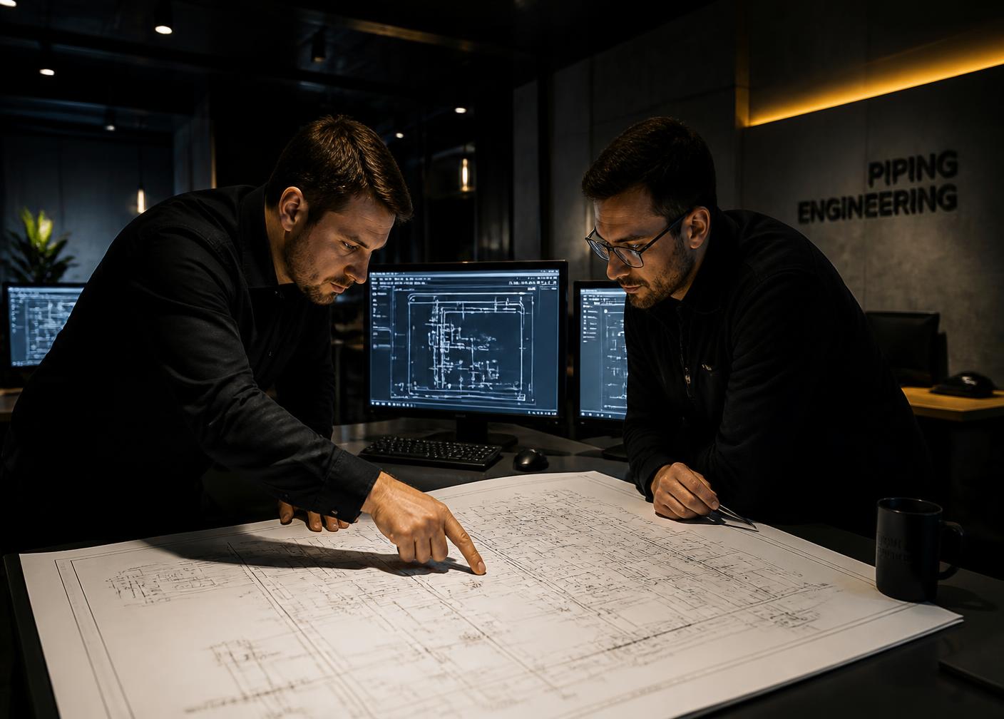 Zwei Engineers prüfen eine technische Rohrleitungszeichnung